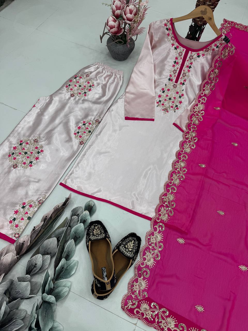 Admiring Peach Color Heavy Moss Satin Embroidery Sequences Work Palazzo Suit