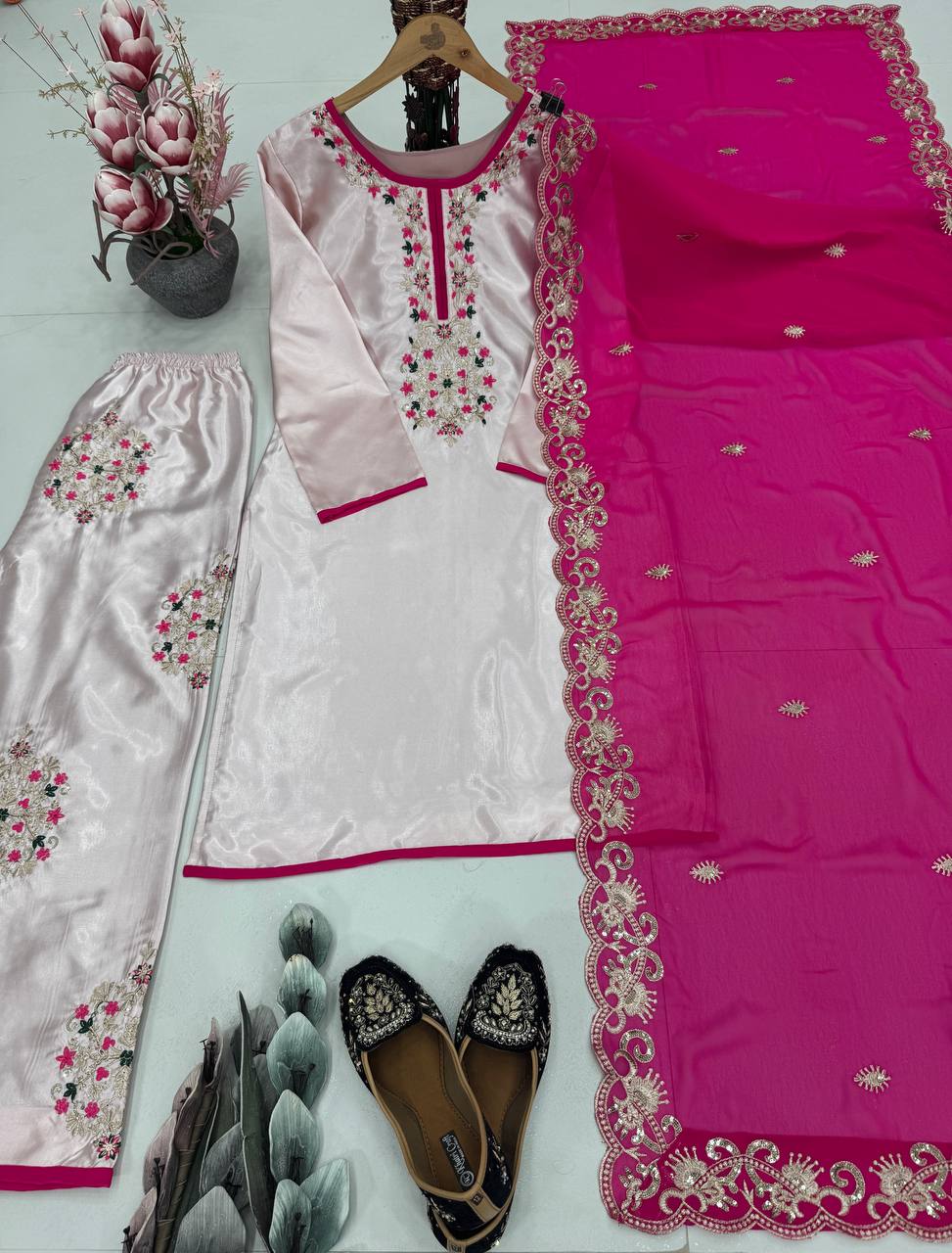 Admiring Peach Color Heavy Moss Satin Embroidery Sequences Work Palazzo Suit
