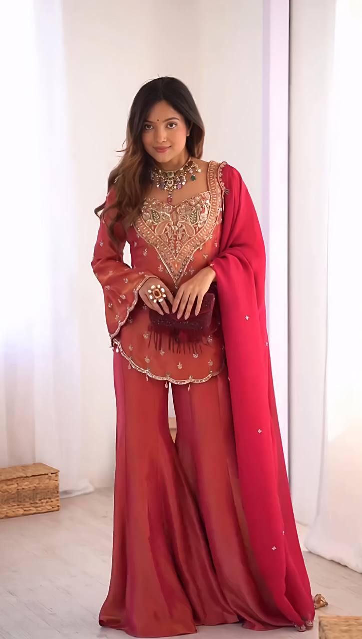 Wedding Wear Rose Pink Color Heavy Simar Silk With Embroidery Work Palazzo Suit