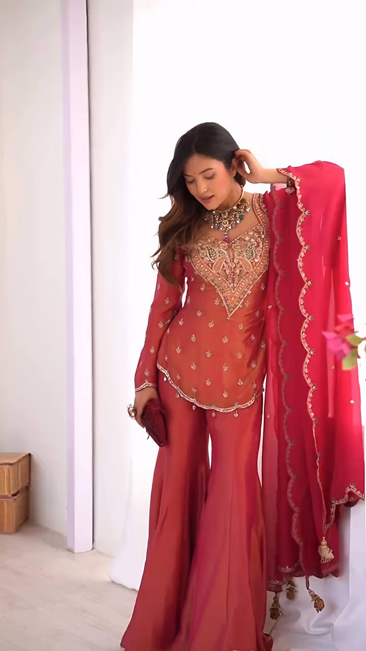 Wedding Wear Rose Pink Color Heavy Simar Silk With Embroidery Work Palazzo Suit