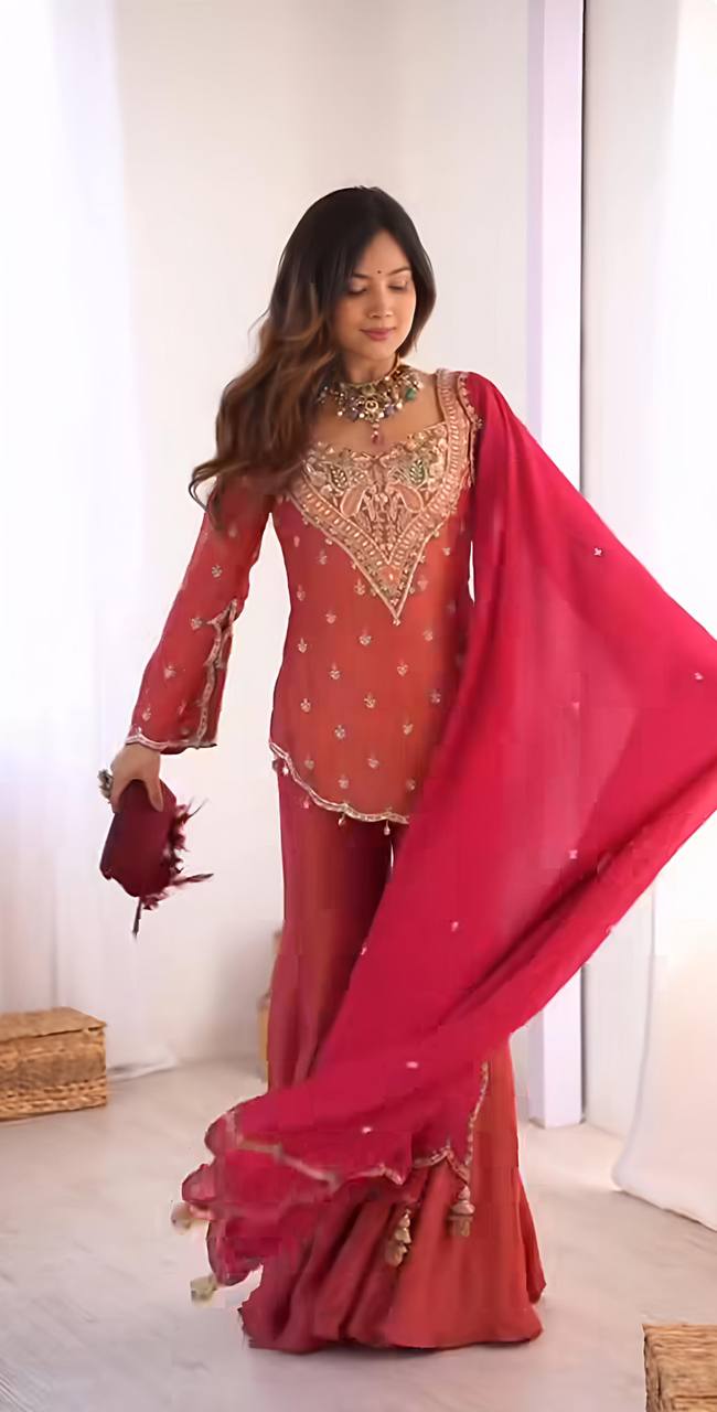 Wedding Wear Rose Pink Color Heavy Simar Silk With Embroidery Work Palazzo Suit