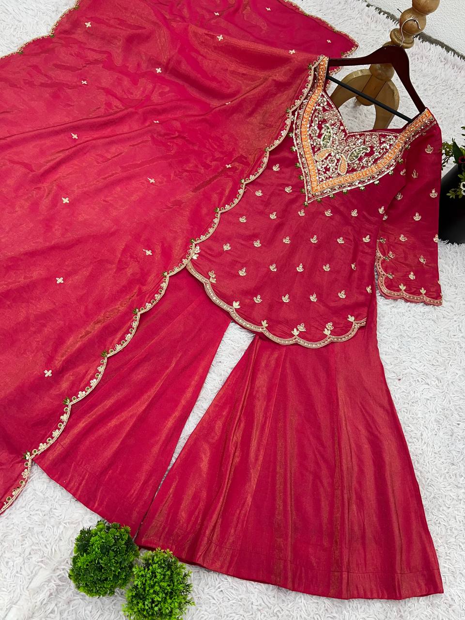 Wedding Wear Rose Pink Color Heavy Simar Silk With Embroidery Work Palazzo Suit