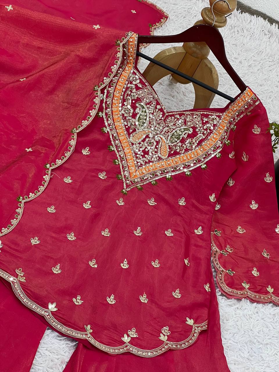 Wedding Wear Rose Pink Color Heavy Simar Silk With Embroidery Work Palazzo Suit