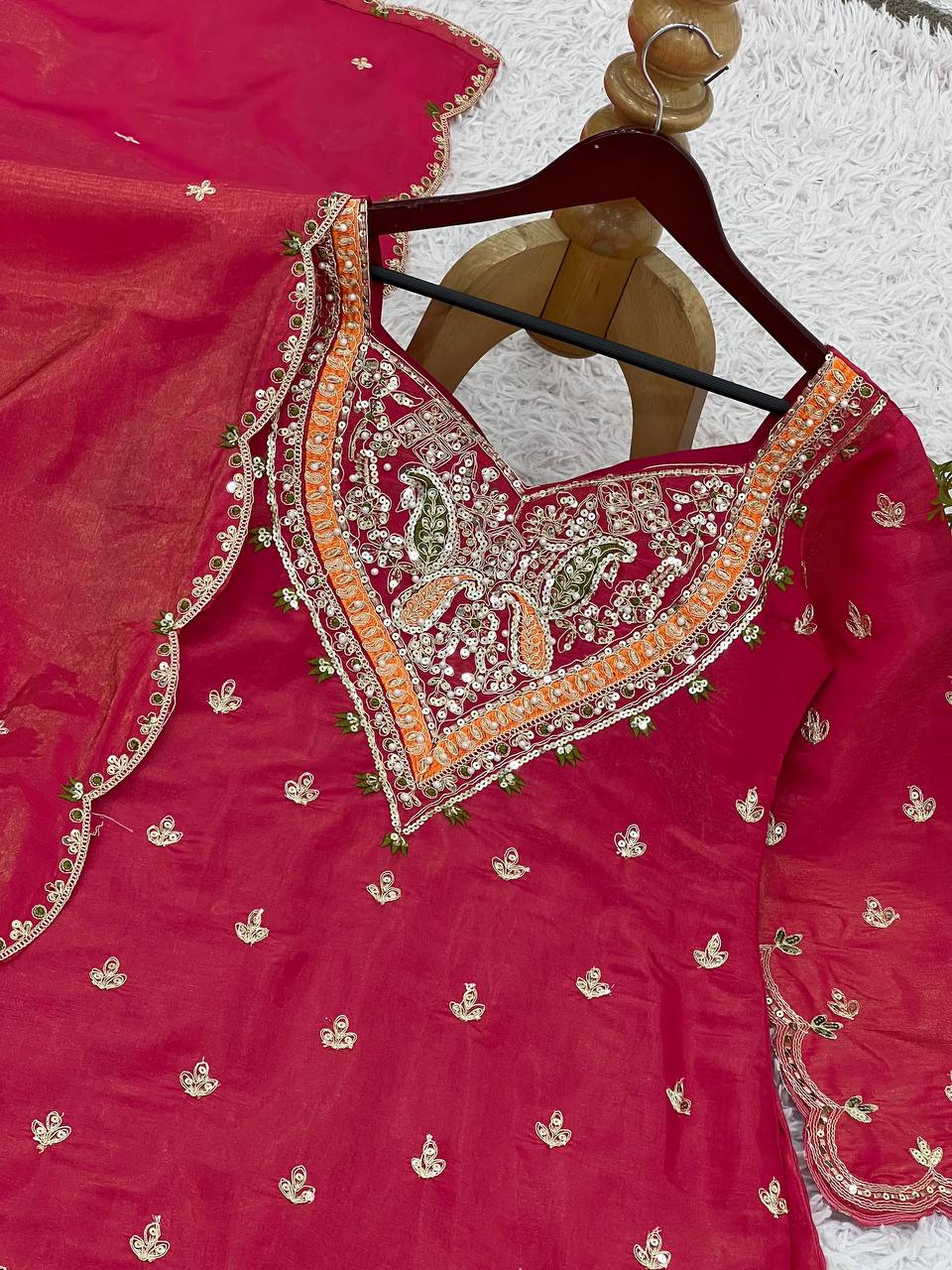 Wedding Wear Rose Pink Color Heavy Simar Silk With Embroidery Work Palazzo Suit