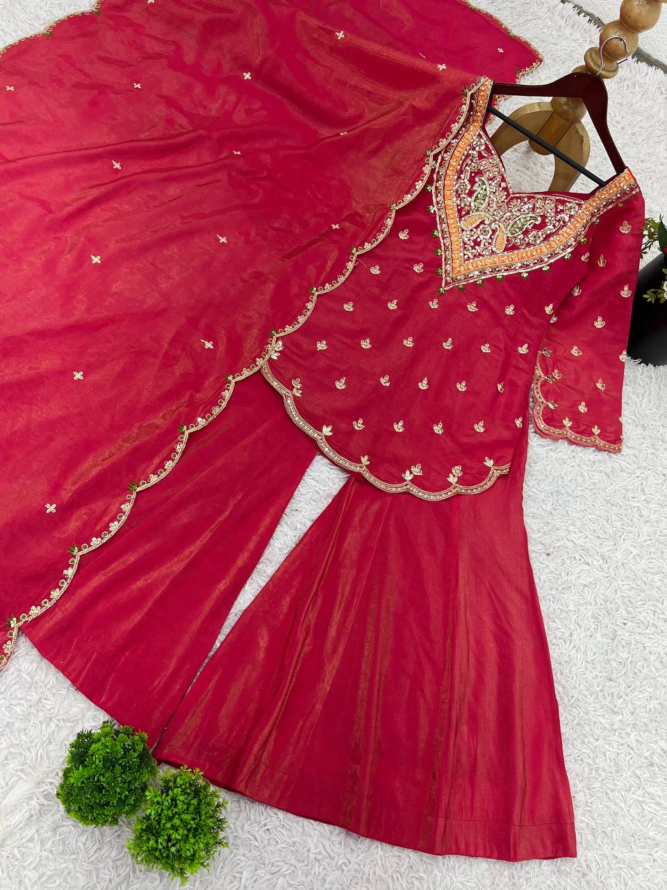 Wedding Wear Rose Pink Color Heavy Simar Silk With Embroidery Work Palazzo Suit