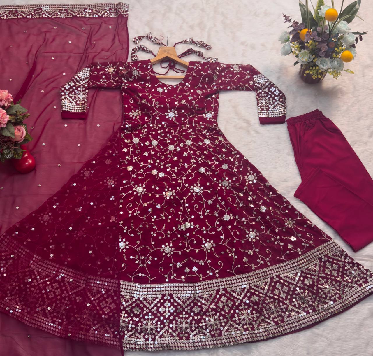 Party Wear Pink Color Faux Blooming With Heavy Sequins And Thread Embroidered Work Gown