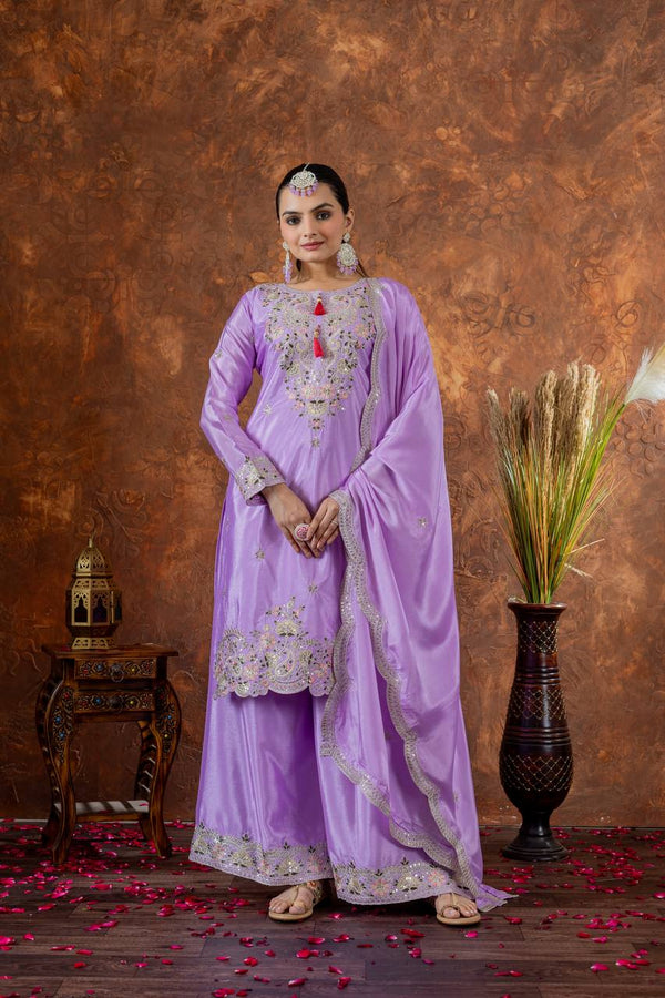 Wedding Wear Lavender Color Heavy Chinon Silk With Embroidery Sequence And Coding Dori Work Palazzo Suit