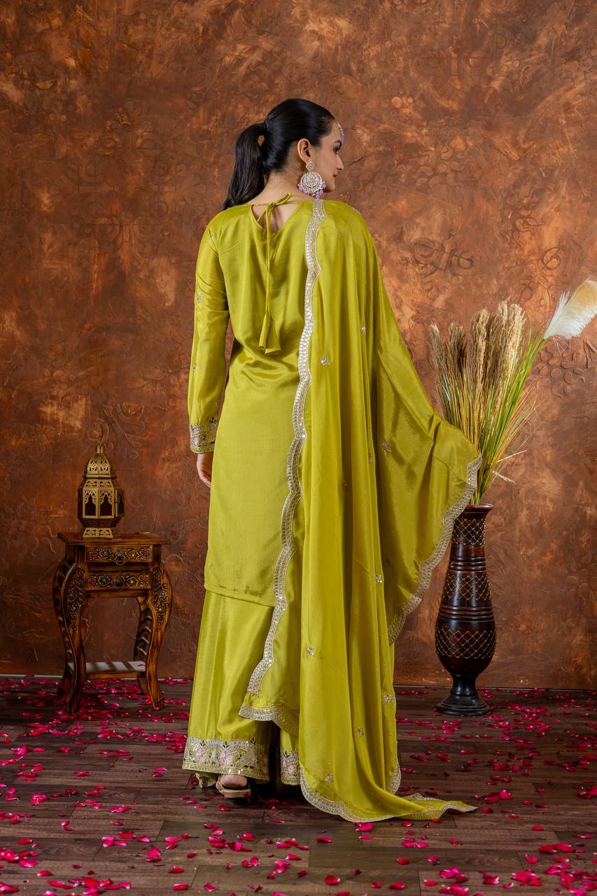 Wedding Wear Parrot Green Heavy Chinon Silk With Embroidery Sequence And Coding Dori Work Palazzo Suit