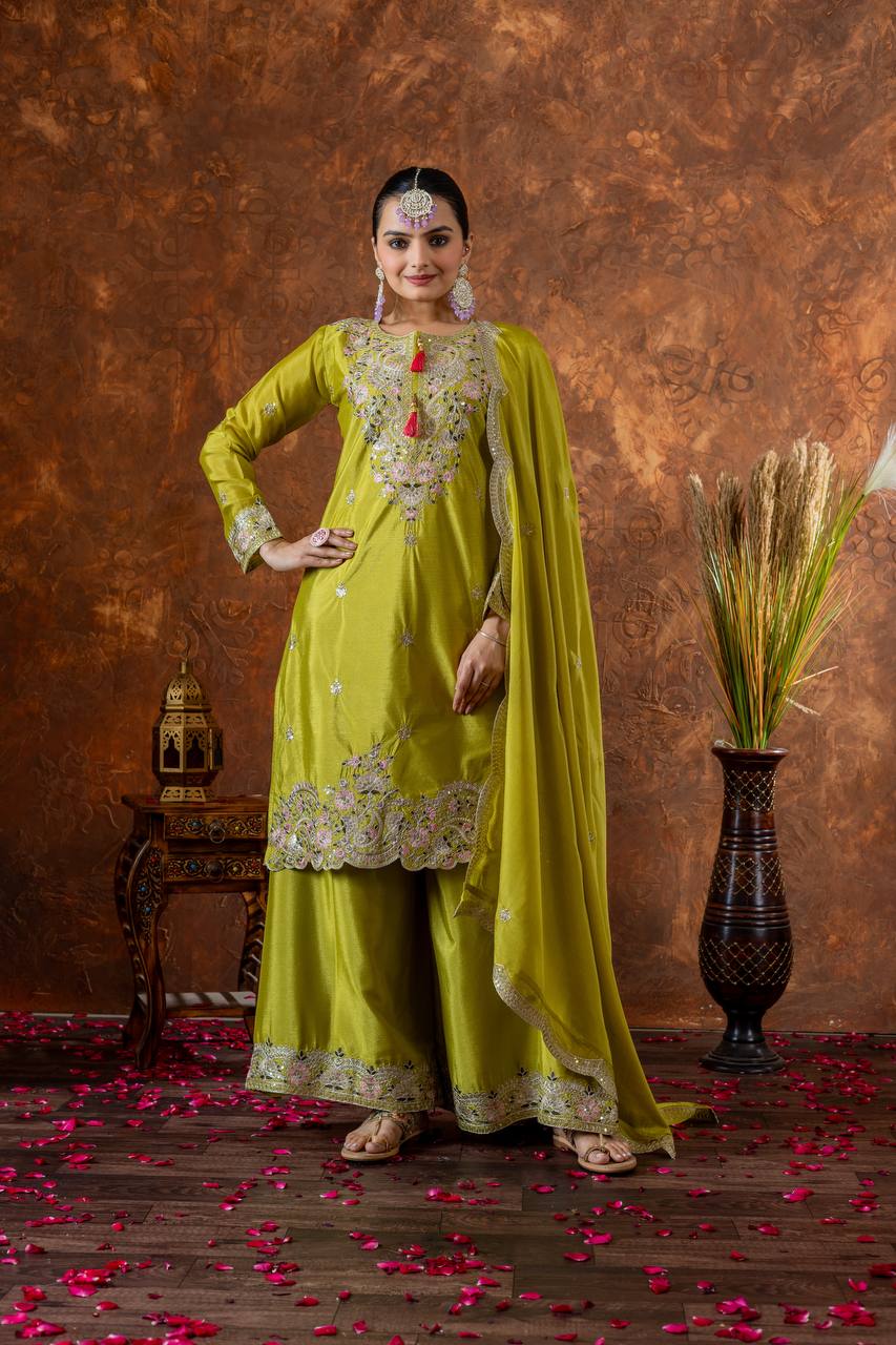 Wedding Wear Parrot Green Heavy Chinon Silk With Embroidery Sequence And Coding Dori Work Palazzo Suit