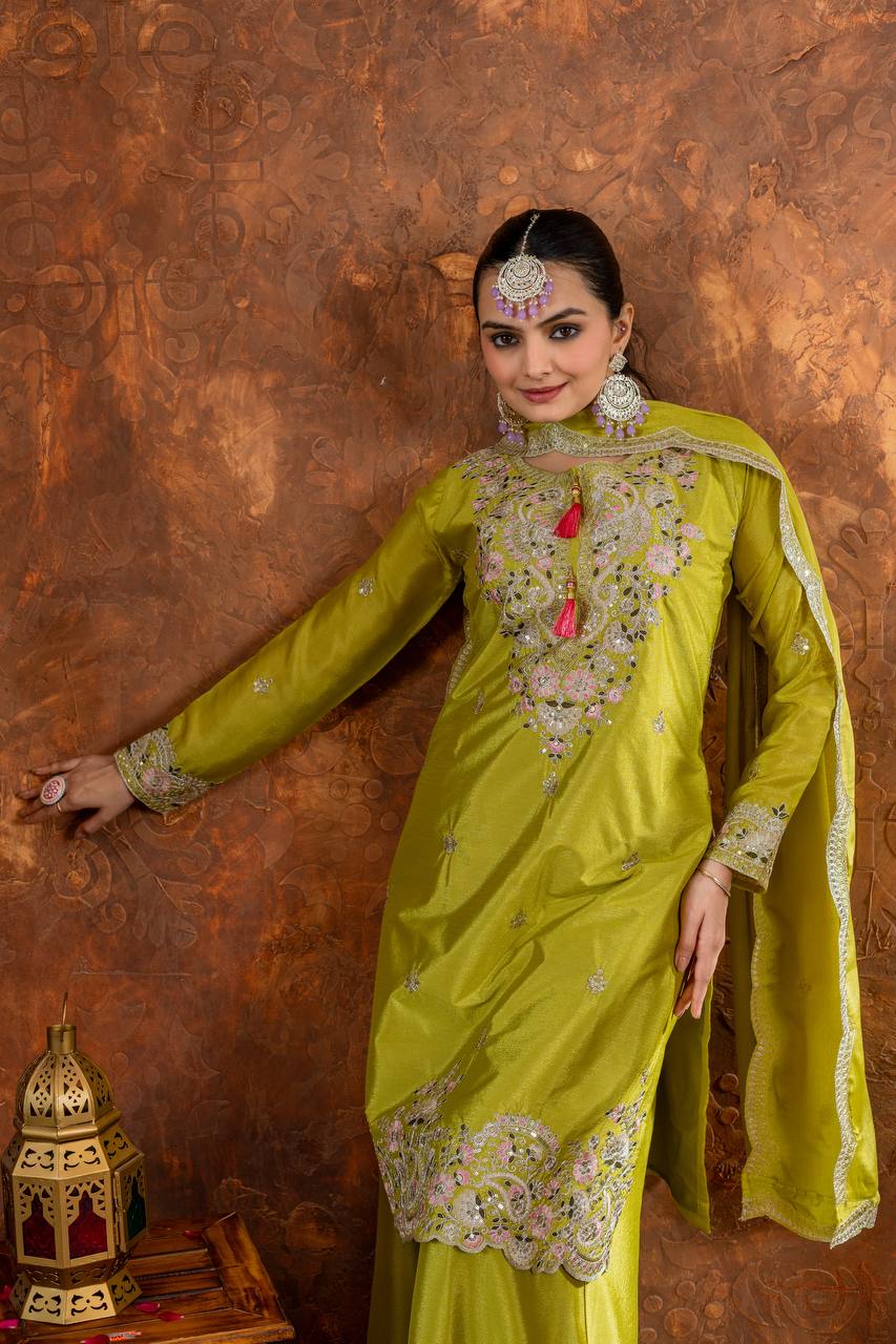 Wedding Wear Parrot Green Heavy Chinon Silk With Embroidery Sequence And Coding Dori Work Palazzo Suit