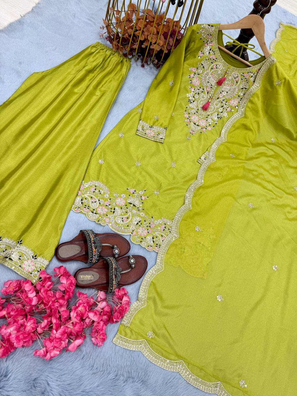 Wedding Wear Parrot Green Heavy Chinon Silk With Embroidery Sequence And Coding Dori Work Palazzo Suit