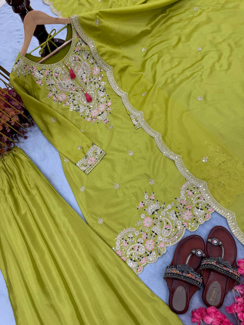 Wedding Wear Parrot Green Heavy Chinon Silk With Embroidery Sequence And Coding Dori Work Palazzo Suit