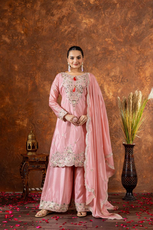 Wedding Wear Peach Color Heavy Chinon Silk With Embroidery Sequence And Coding Dori Work Palazzo Suit