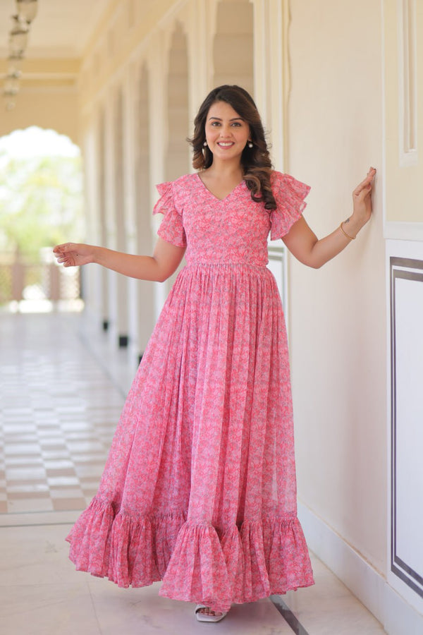 Festive Wear Baby Pink Color Faux Georgette With Printed Beautiful Gown