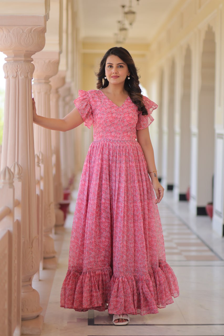 Festive Wear Baby Pink Color Faux Georgette With Printed Beautiful Gown