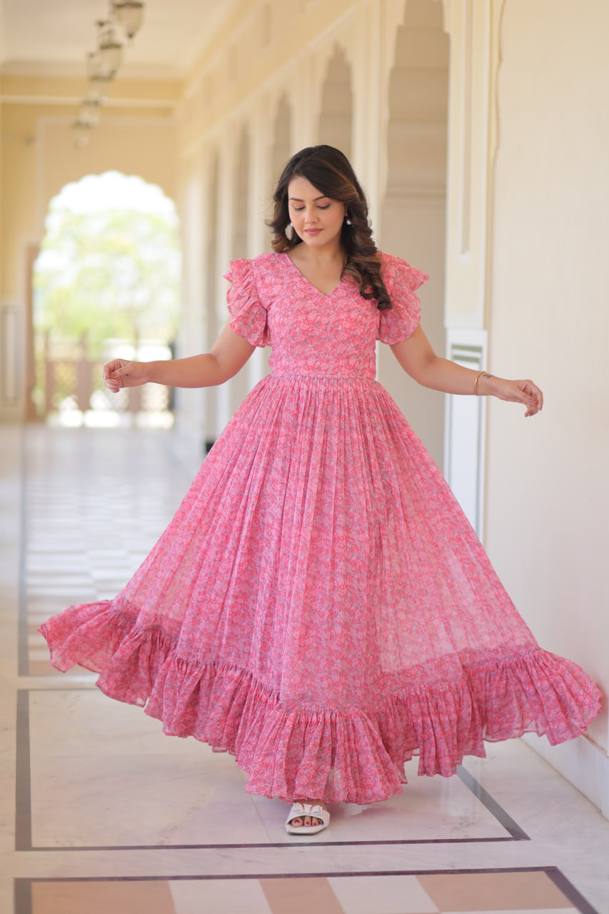 Festive Wear Baby Pink Color Faux Georgette With Printed Beautiful Gown
