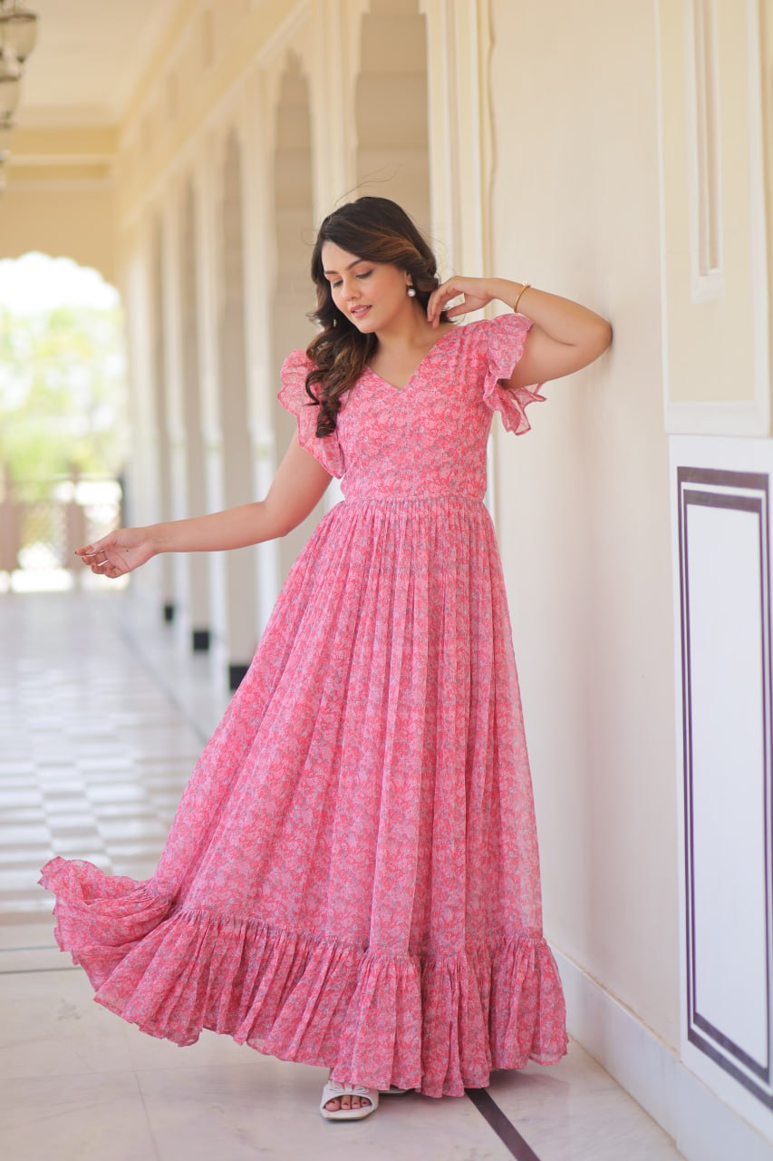 Festive Wear Baby Pink Color Faux Georgette With Printed Beautiful Gown