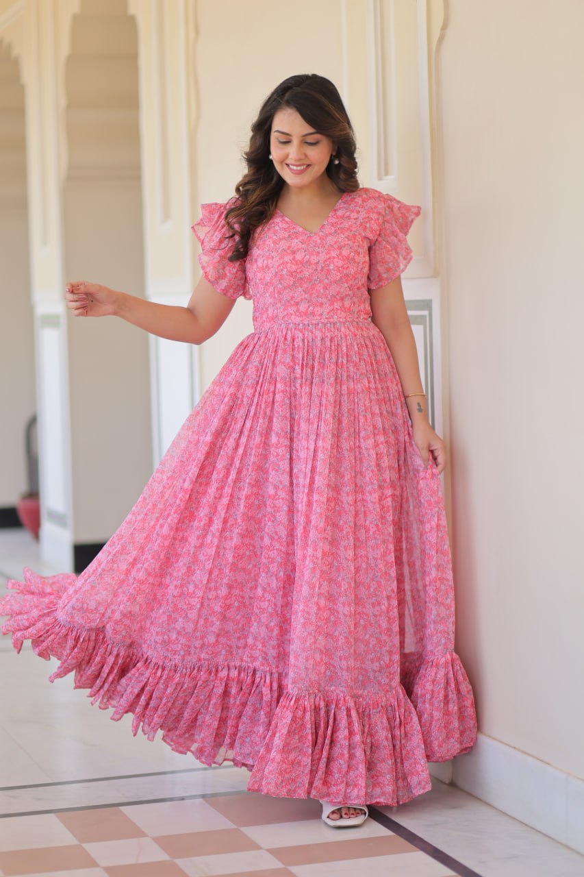 Festive Wear Baby Pink Color Faux Georgette With Printed Beautiful Gown