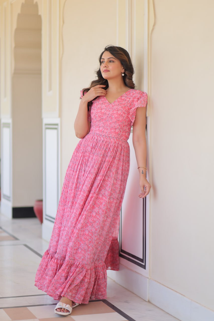 Festive Wear Baby Pink Color Faux Georgette With Printed Beautiful Gown
