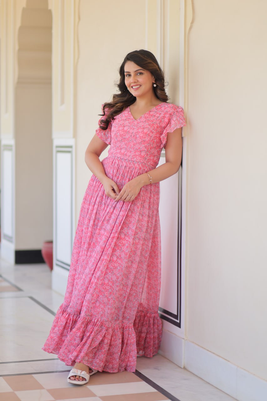 Festive Wear Baby Pink Color Faux Georgette With Printed Beautiful Gown