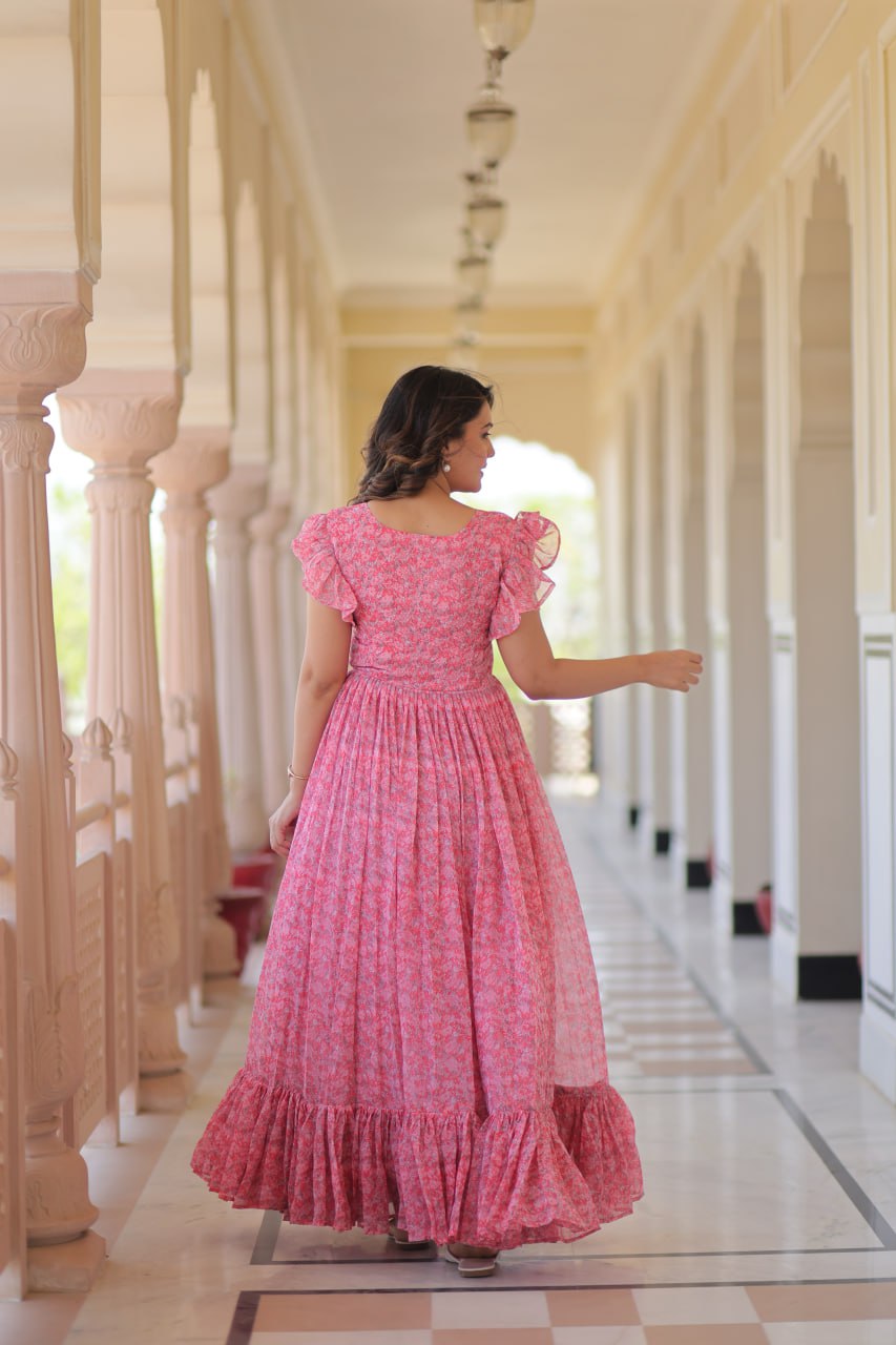 Festive Wear Baby Pink Color Faux Georgette With Printed Beautiful Gown