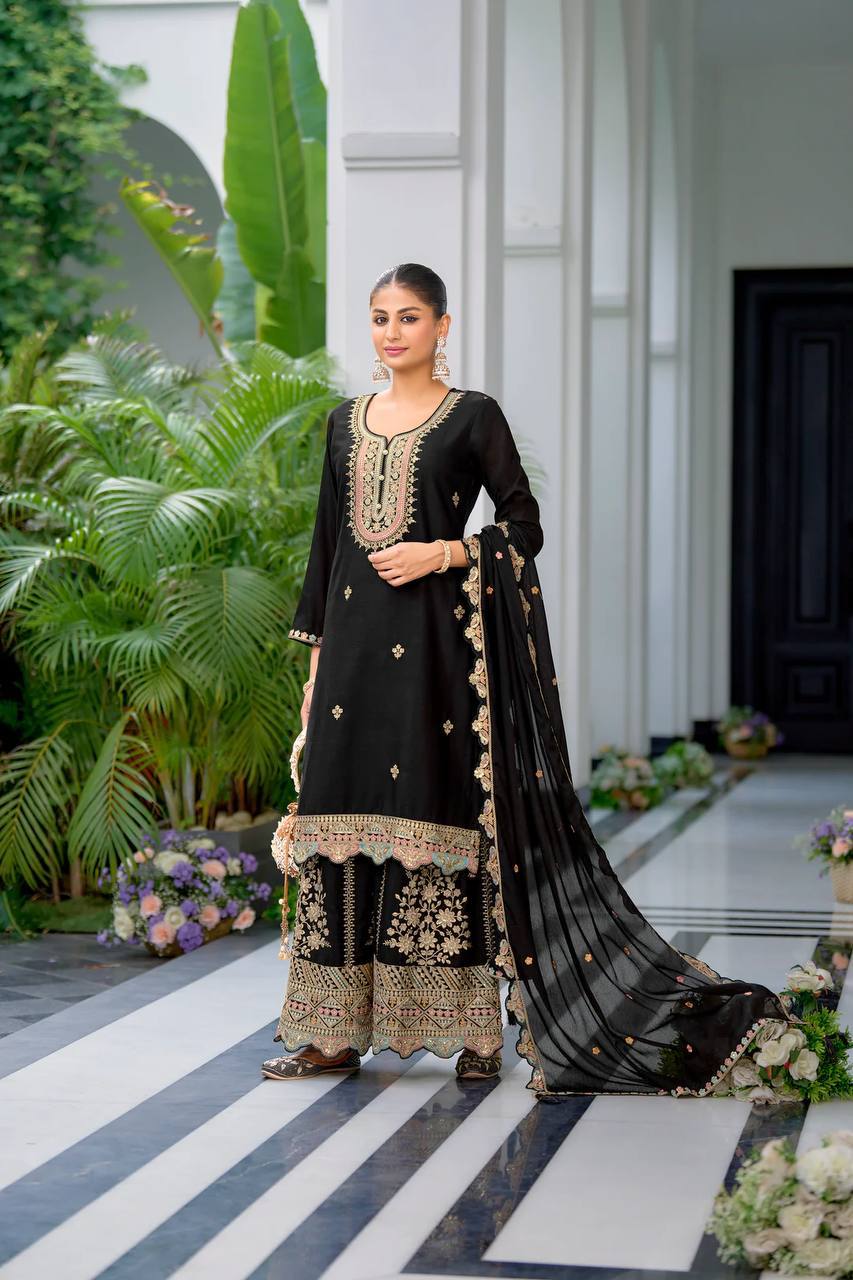Function Wear Black Color Heavy Chinon Silk With Malty Thread Embroidery Sequence Work Sharara Suit