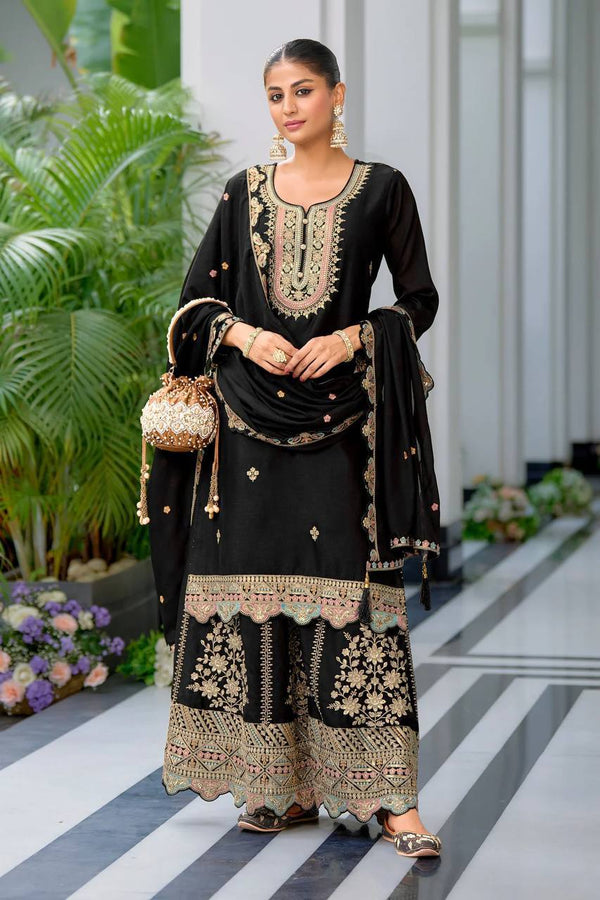 Function Wear Black Color Heavy Chinon Silk With Malty Thread Embroidery Sequence Work Sharara Suit