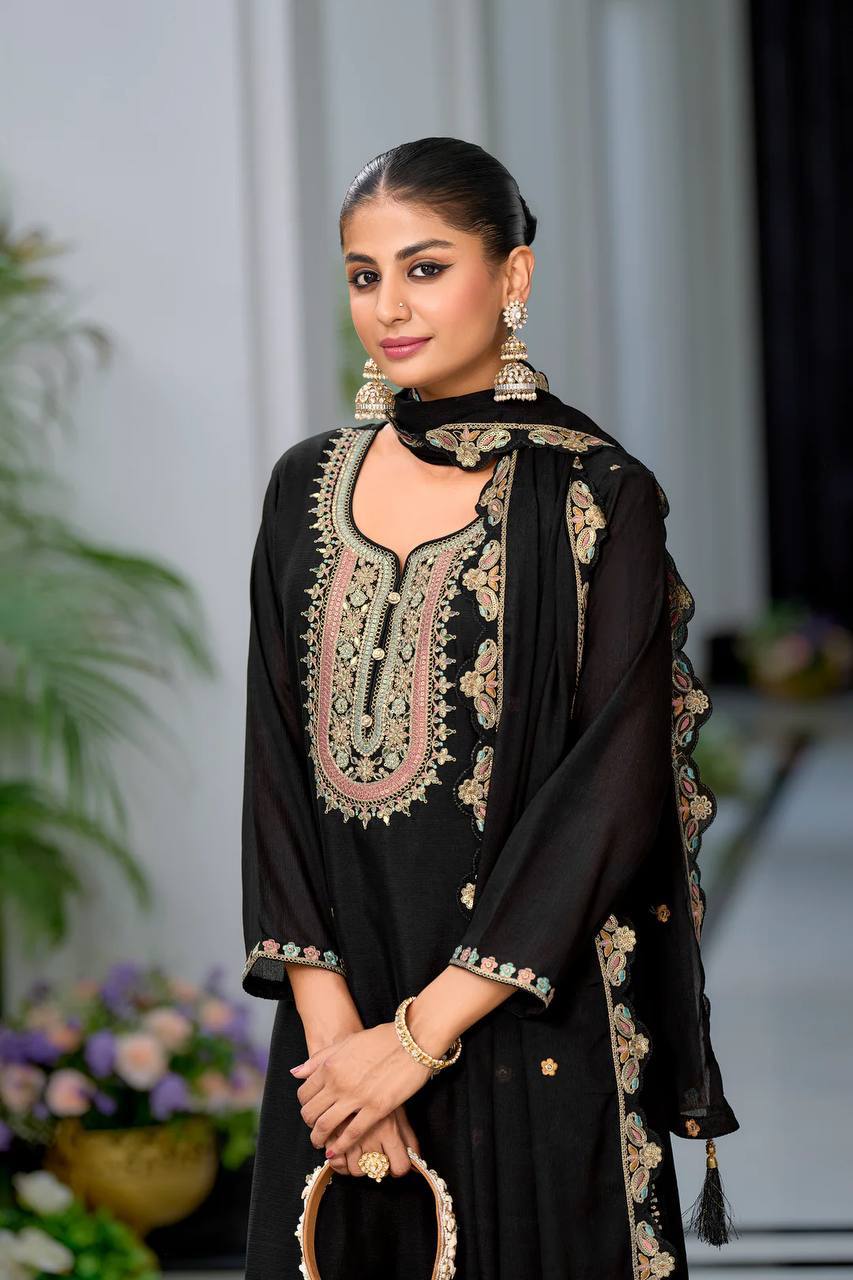 Function Wear Black Color Heavy Chinon Silk With Malty Thread Embroidery Sequence Work Sharara Suit