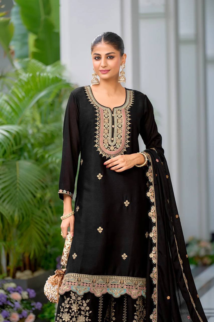 Function Wear Black Color Heavy Chinon Silk With Malty Thread Embroidery Sequence Work Sharara Suit
