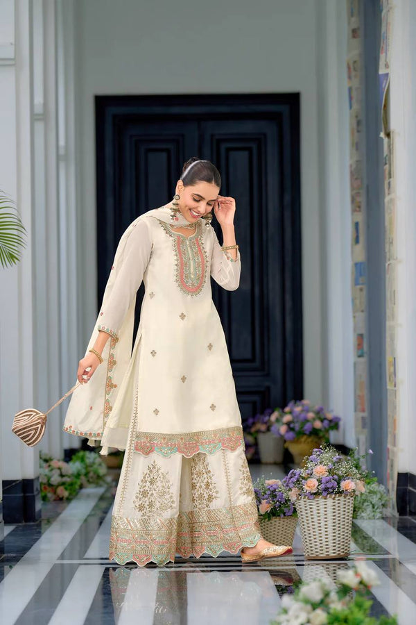 Function Wear White Color Heavy Chinon Silk With Malty Thread Embroidery Sequence Work Sharara Suit