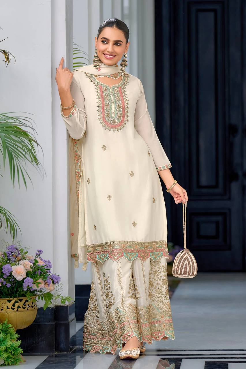 Function Wear White Color Heavy Chinon Silk With Malty Thread Embroidery Sequence Work Sharara Suit