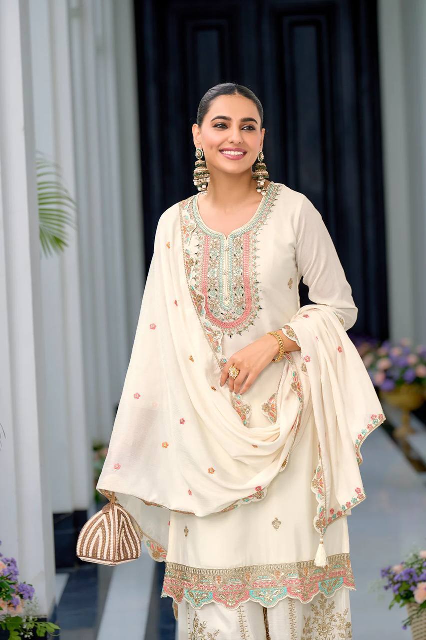 Function Wear White Color Heavy Chinon Silk With Malty Thread Embroidery Sequence Work Sharara Suit