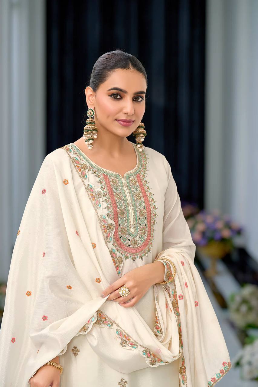 Function Wear White Color Heavy Chinon Silk With Malty Thread Embroidery Sequence Work Sharara Suit