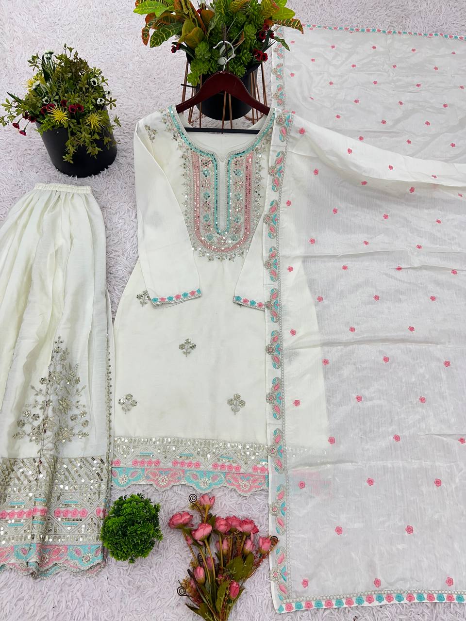 Function Wear White Color Heavy Chinon Silk With Malty Thread Embroidery Sequence Work Sharara Suit
