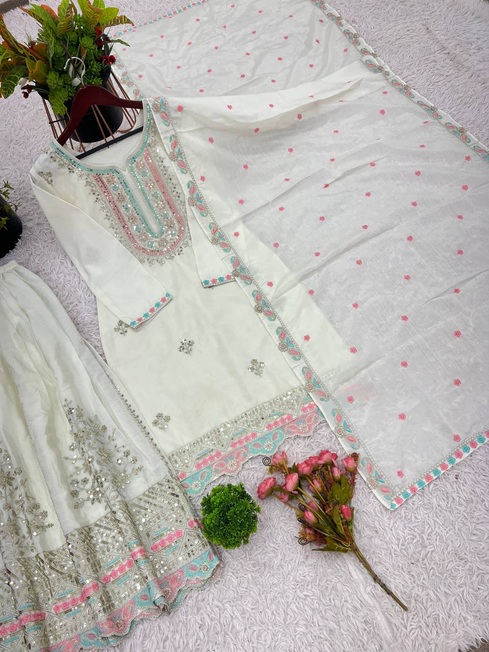 Function Wear White Color Heavy Chinon Silk With Malty Thread Embroidery Sequence Work Sharara Suit