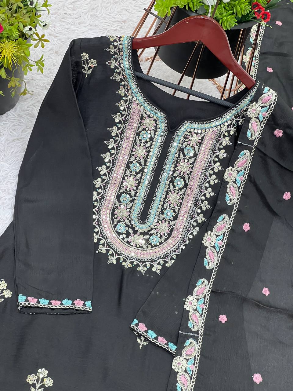 Function Wear Black Color Heavy Chinon Silk With Malty Thread Embroidery Sequence Work Sharara Suit