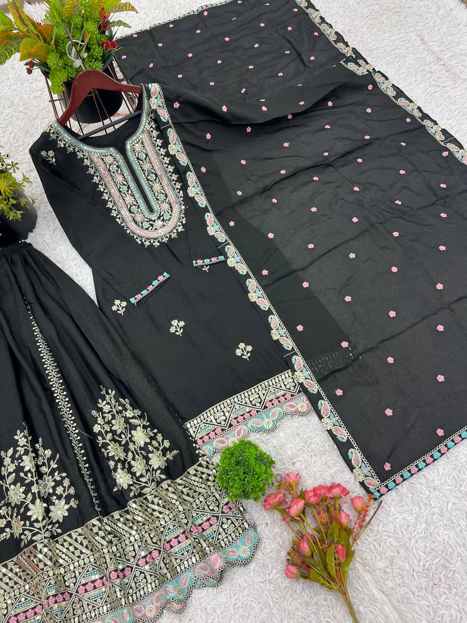 Function Wear Black Color Heavy Chinon Silk With Malty Thread Embroidery Sequence Work Sharara Suit