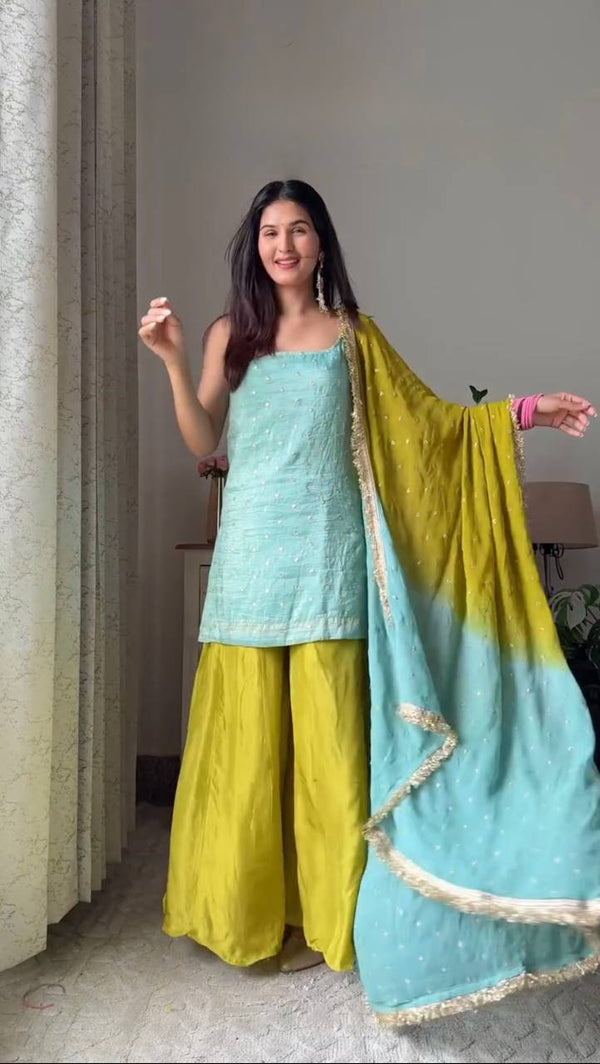Elegant Chinon Silk Embroidery Work Plazzo Set