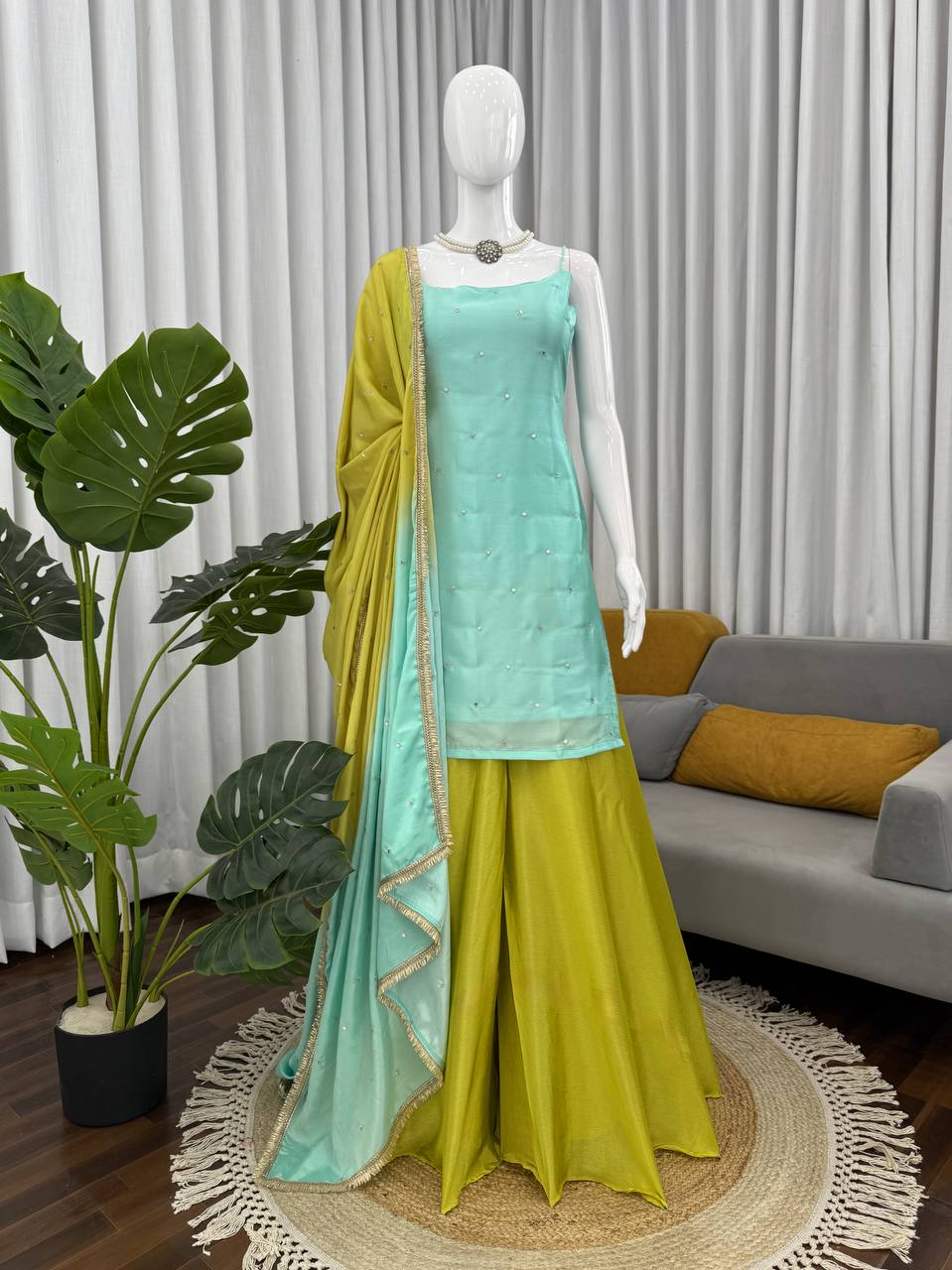 Elegant Chinon Silk Embroidery Work Plazzo Set