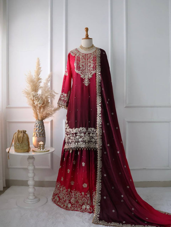 Wedding Wear Red And Wine Color Pure Chinon Silk With Heavy Embroidery Coding Dori Sequence Work Palazzo Sharara Suit