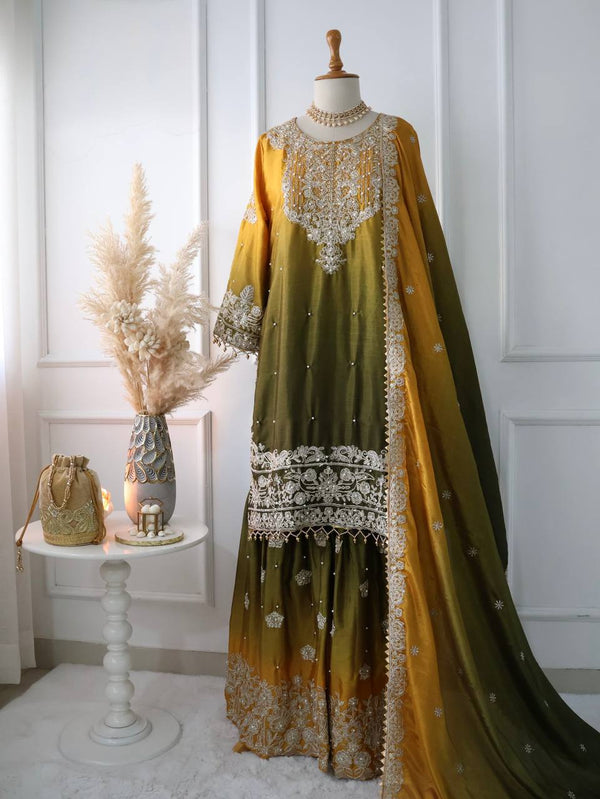 Wedding Wear Yellow And Green Color Pure Chinon Silk With Heavy Embroidery Coding Dori Sequence Work Palazzo Sharara Suit