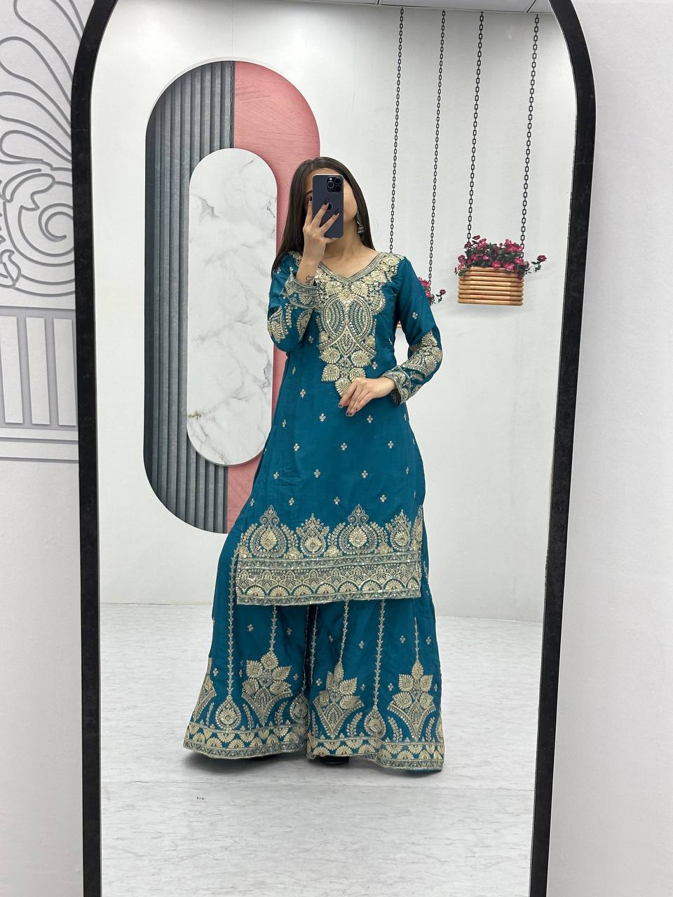 Party Wear Teal Color Chinon Heavy Embroidery Thread And Sequence WorkPalazzo Suit