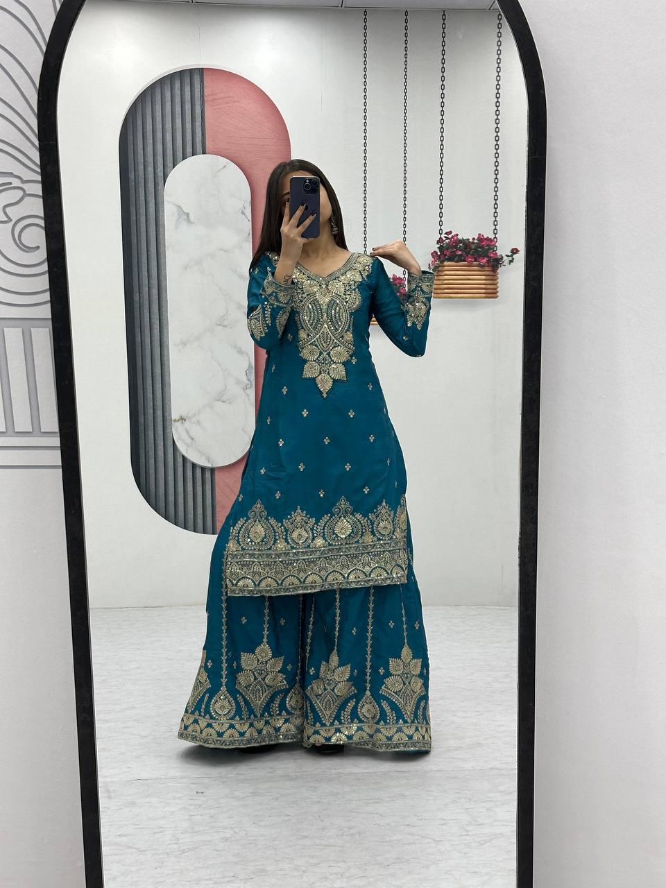 Party Wear Teal Color Chinon Heavy Embroidery Thread And Sequence WorkPalazzo Suit