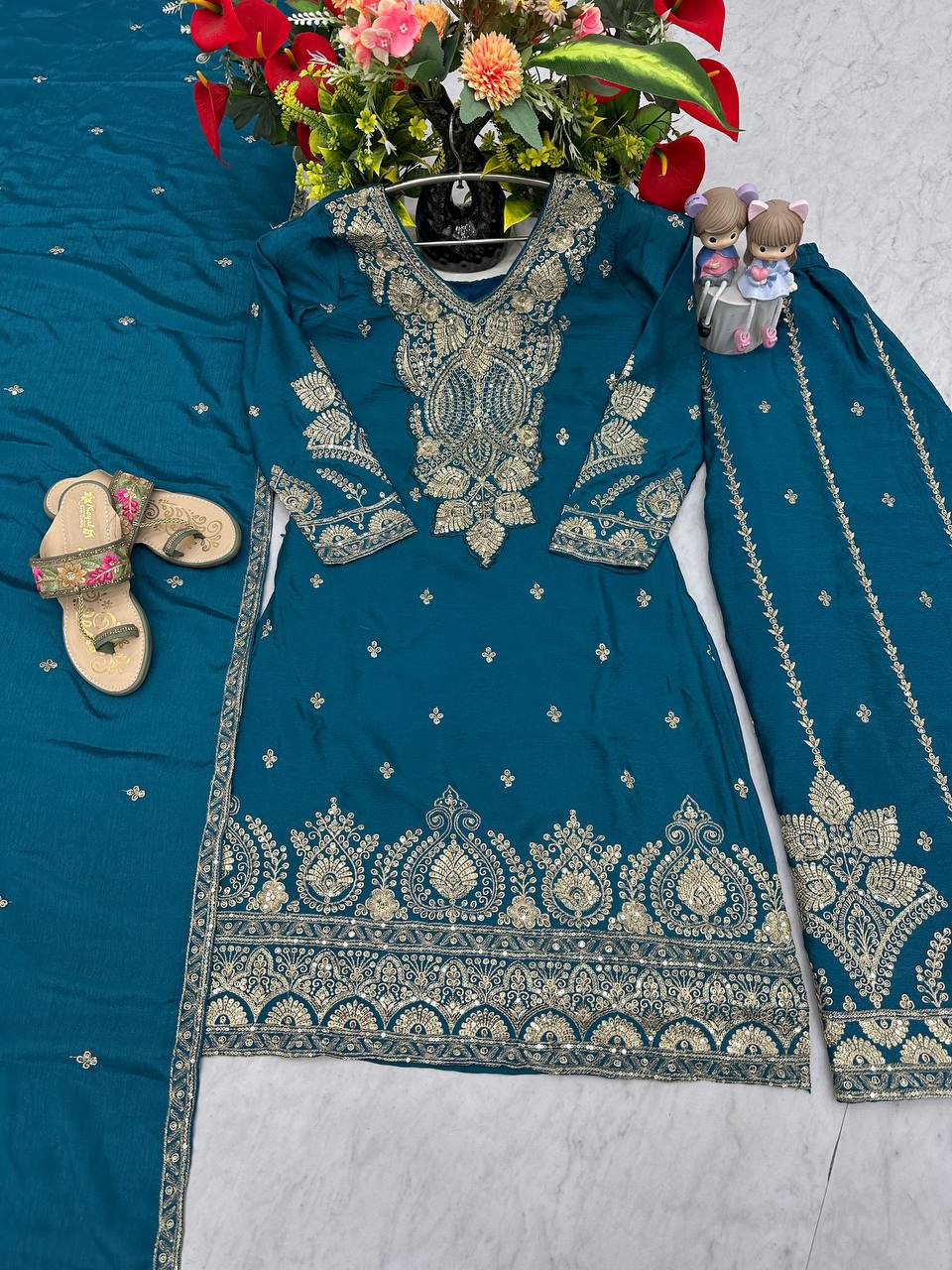 Party Wear Teal Color Chinon Heavy Embroidery Thread And Sequence WorkPalazzo Suit