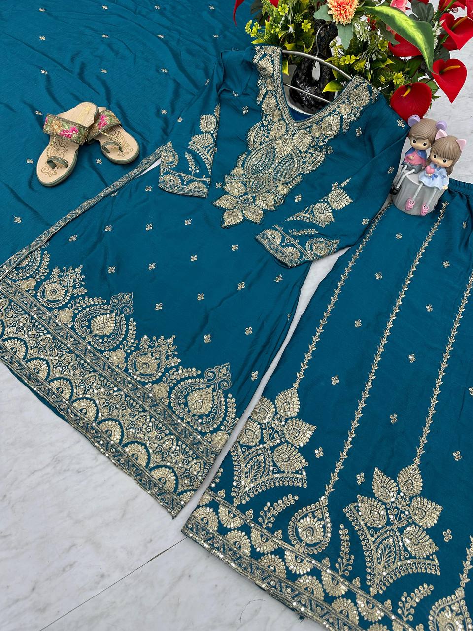 Party Wear Teal Color Chinon Heavy Embroidery Thread And Sequence WorkPalazzo Suit