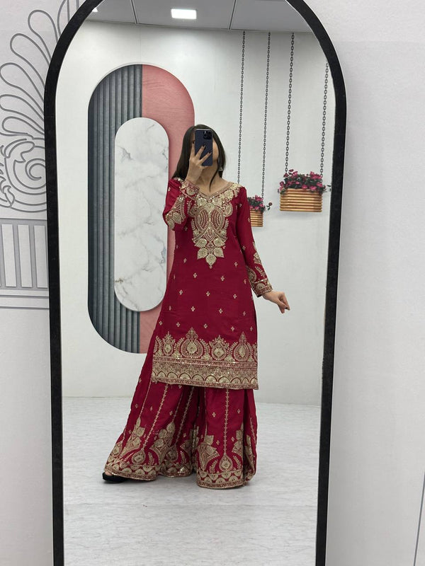 Party Wear Maroon Color Chinon Heavy Embroidery Thread And Sequence WorkPalazzo Suit