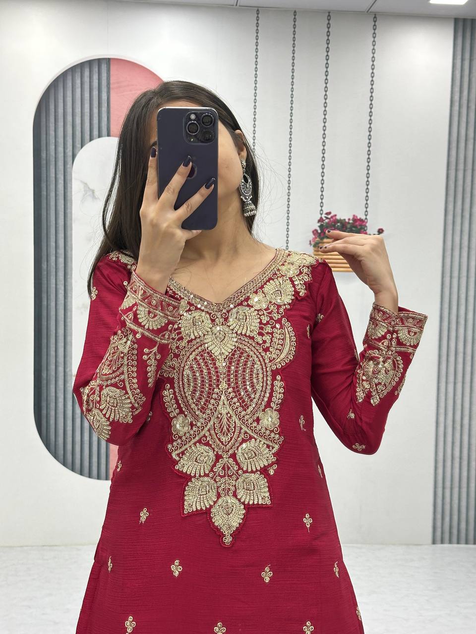 Party Wear Maroon Color Chinon Heavy Embroidery Thread And Sequence WorkPalazzo Suit
