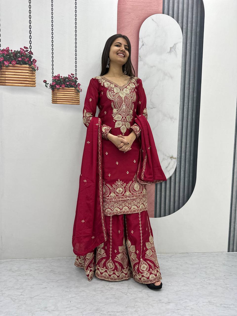 Party Wear Maroon Color Chinon Heavy Embroidery Thread And Sequence WorkPalazzo Suit