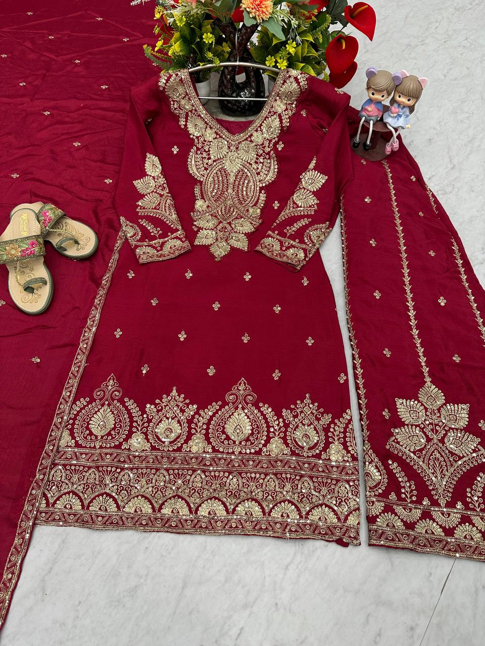 Party Wear Maroon Color Chinon Heavy Embroidery Thread And Sequence WorkPalazzo Suit