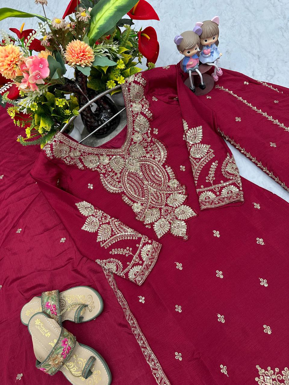 Party Wear Maroon Color Chinon Heavy Embroidery Thread And Sequence WorkPalazzo Suit